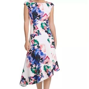 Donna Karen watercolor floral midi dress with asymmetrical hem size 6